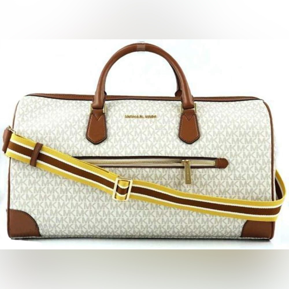 MICHAEL Michael Kors Ivory Logo Satchel with Brown Trim and Yellow Accent Strap
